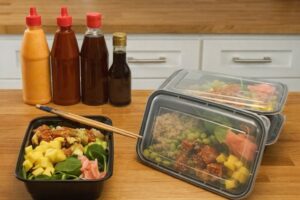 Tre färdiga matlådor med poké bowls och fyra såsflaskor på en träbänk.
