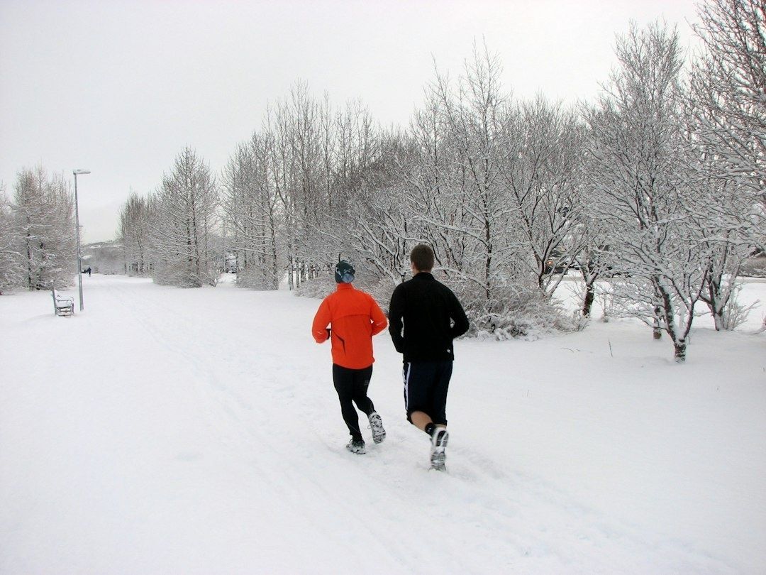 Två löpare tränar i ett snötäckt vinterlandskap